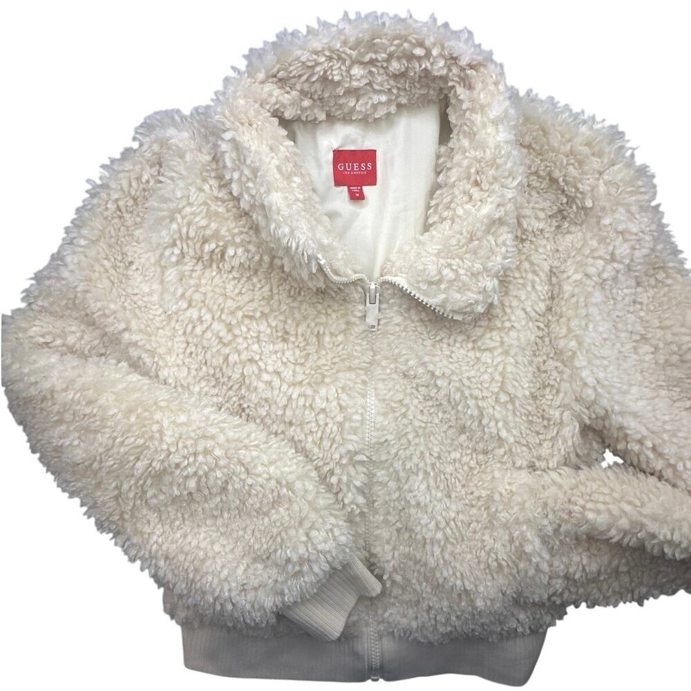 ⁠GUESS Sherpa Bomber Jacket Faux Fur Coat Cream Medium⁠